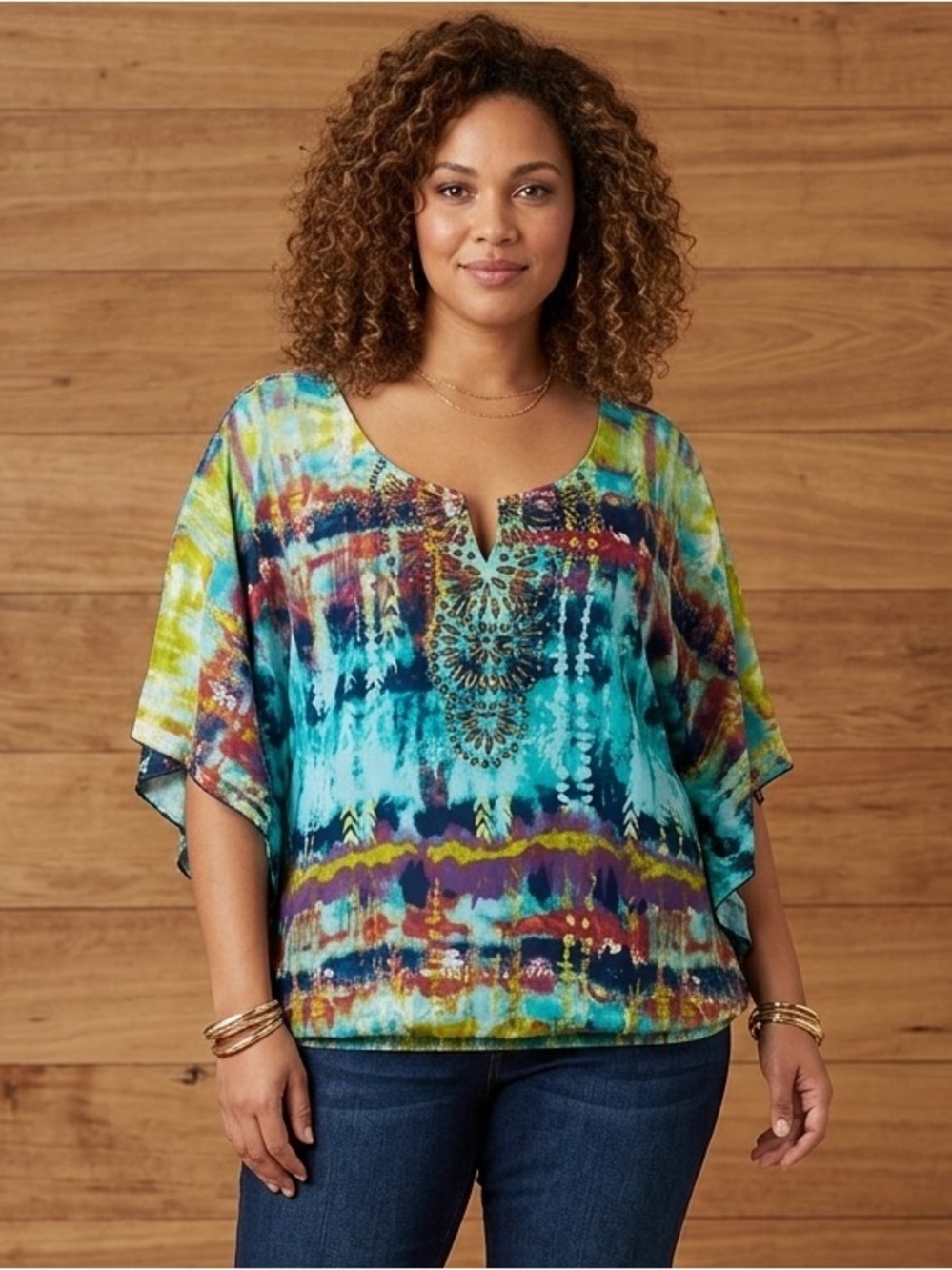 Cato Woman Plus Size 26W/28W Boho Beaded V-Neck Tie Dye Dolman Sleeve Blouse